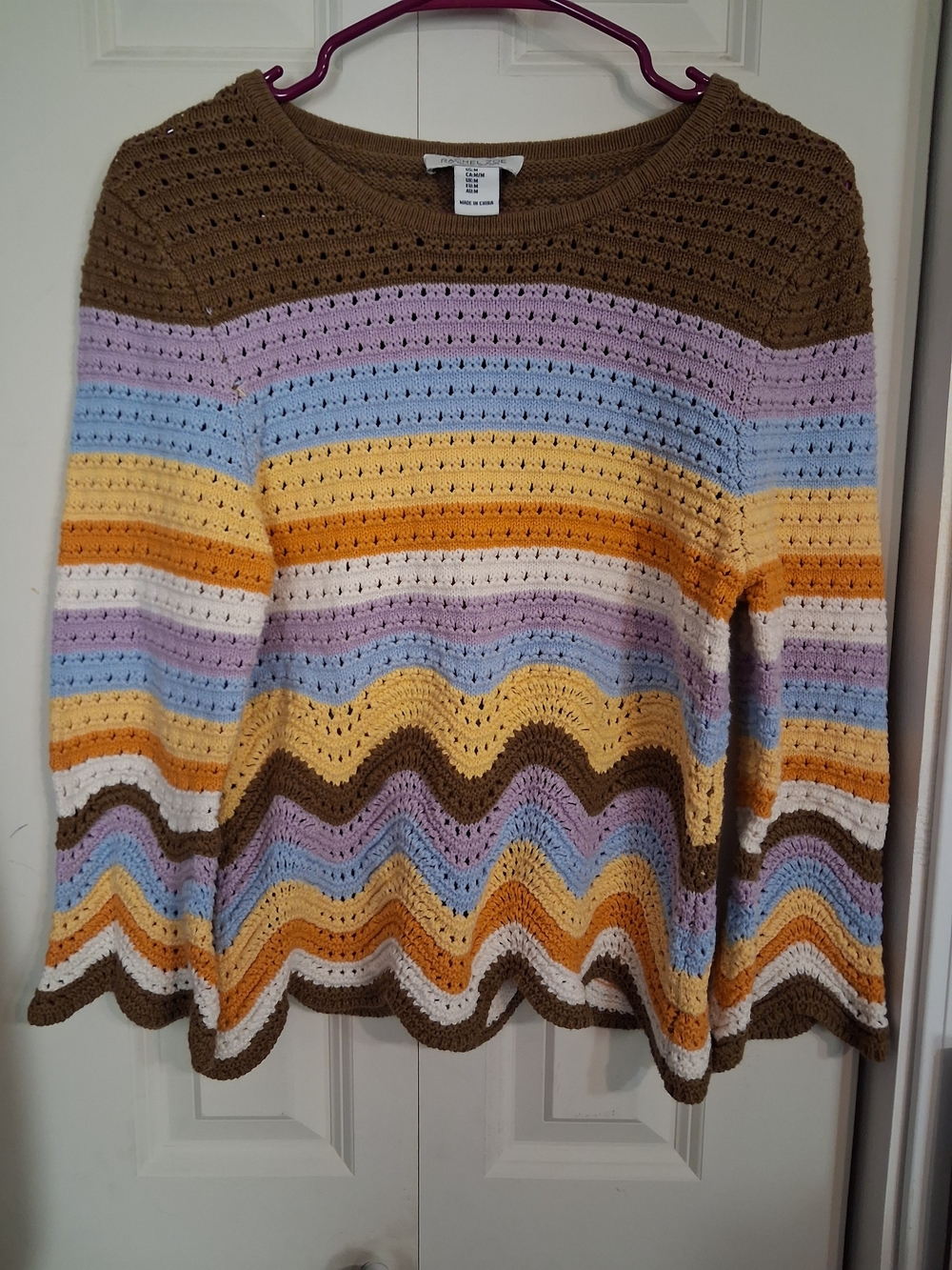Womens Striped Crochet Knit Sweater in Brown, Yellow & Pastels